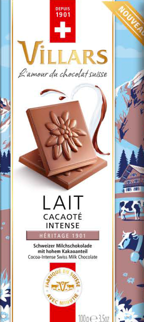 Milchschokolade von Villars mit mindestens 41% Kakao, cremige Schokoladentafel auf weißem Hintergrund.