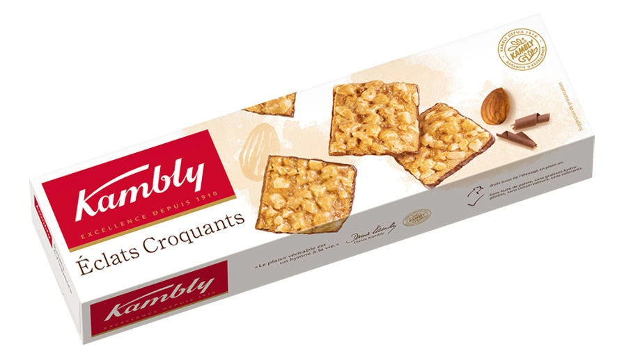 Knusprige Kambly Éclats Croquants Amandes mit ganzen Mandeln in einer 90g Verpackung, sichtbare Mandeln und knusprige Textur