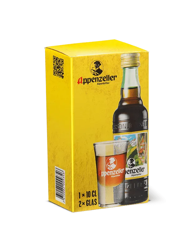 Appenzeller Alpenbitter rund 10cl in Geschenkpackung mit 2 Shot-Gläsern - Chuchichäschtli - Feines aus der Schweiz