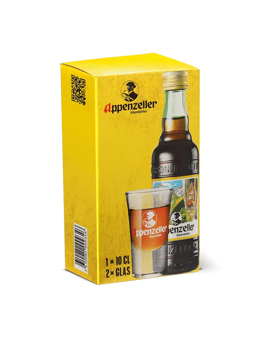 Appenzeller Alpenbitter rund 10cl in Geschenkpackung mit 2 Shot-Gläsern - Chuchichäschtli - Feines aus der Schweiz