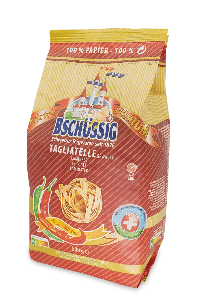 Bschüssig Premium Eier Tagliatelle Nester 6mm gewalzt mit Chili - Chuchichäschtli - Feines aus der Schweiz