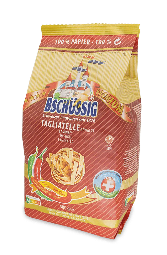 Bschüssig Premium Eier Tagliatelle Nester 6mm gewalzt mit Chili - Chuchichäschtli - Feines aus der Schweiz