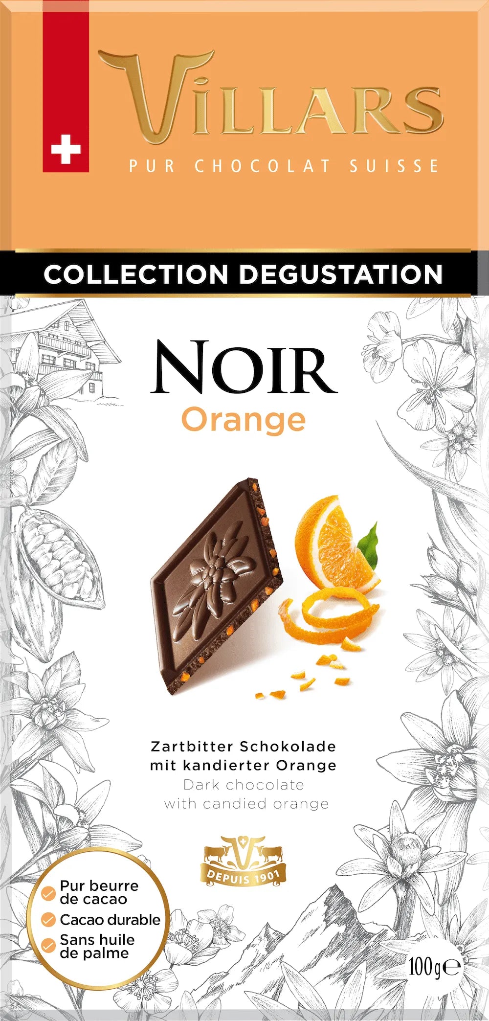 Villars Zartbitterschokolade mit kandierten Orangenschalen - Chuchichäschtli - Feines aus der Schweiz