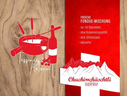 Tessiner Rotwein (Merlot) Fondue Fertigmischung frisch - Chuchichäschtli - Feines aus der Schweiz