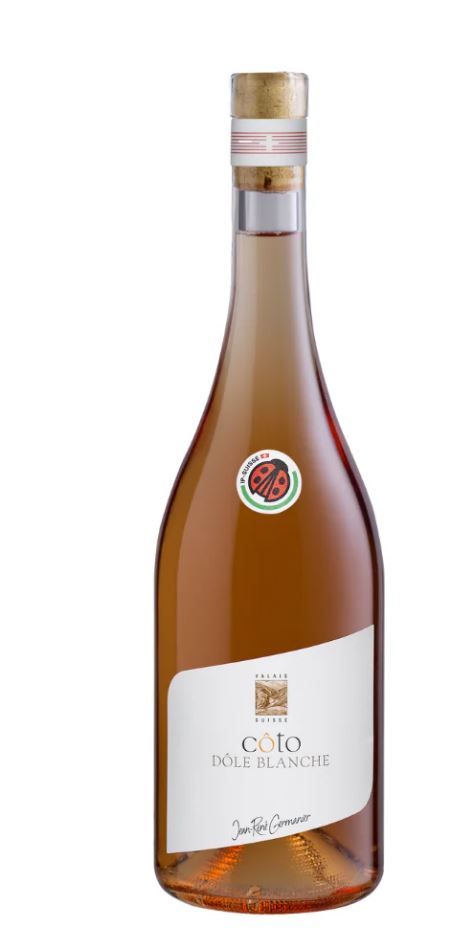 Helles Dôle Blanche Weinflasche von Jean-René Germanier mit Coto-Etikett, im Bild.