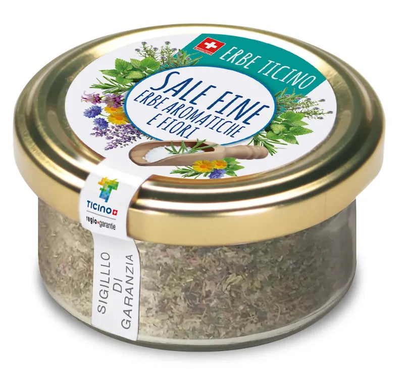 Erbe di Ticino Kräutersalz mit Blüten, feines aromatisches Salz mit Kräutern und Blüten, Nahaufnahme.
