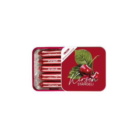 Aeschbach Chocolatier Metalldose Kirschstängeli (mit Etter Kirsch gefüllt) - Chuchichäschtli - Feines aus der Schweiz