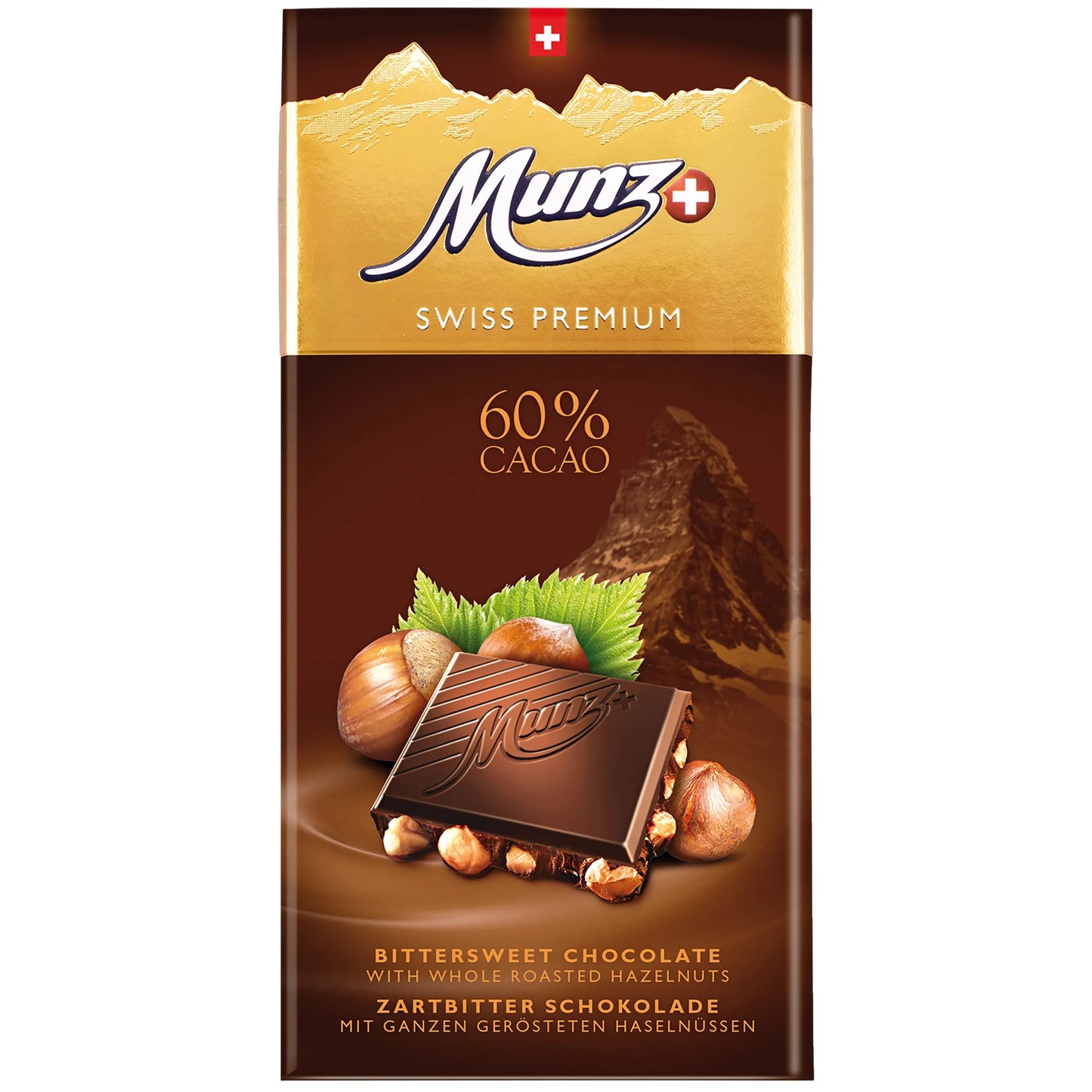 Munz Swiss Premium Edelbitter 60% Cacao mit ganzen Haselnüssen