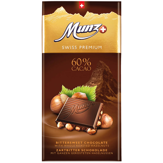 Munz Swiss Premium Edelbitter 60% Cacao mit ganzen Haselnüssen - Chuchichäschtli - Feines aus der Schweiz