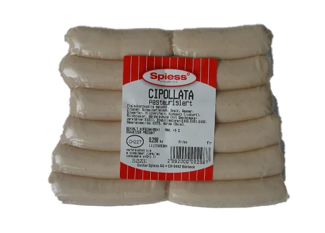 Bündel Cipollata-Zwiebeln von Spiess, frische, goldene Zwiebeln in einer transparenten Verpackung.
