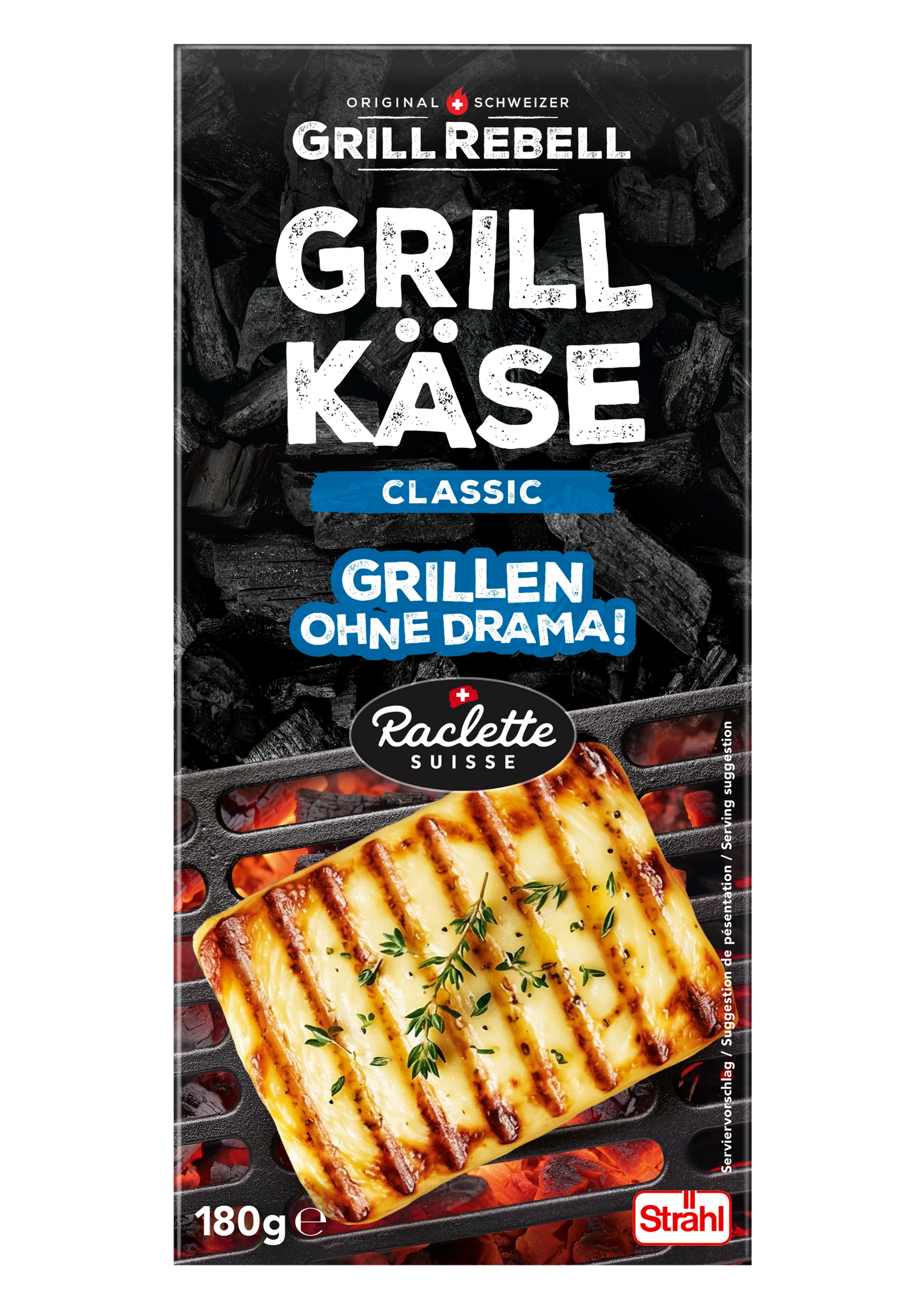 Schweizer Grillkäse Raclette Natur von Strähl, frontal auf Verpackung mit Käse zum Grillen.