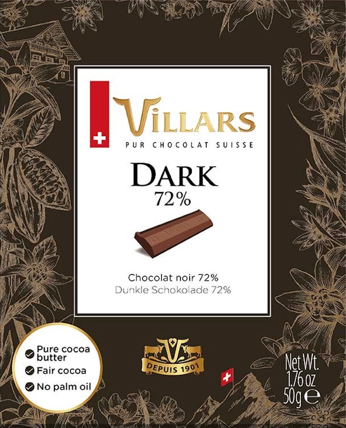 Dunkle Villars Zartbitterschokolade Noir 72% in kleiner Tafel, Verpackung mit dunkler Schokoladentafel und Villars-Logo