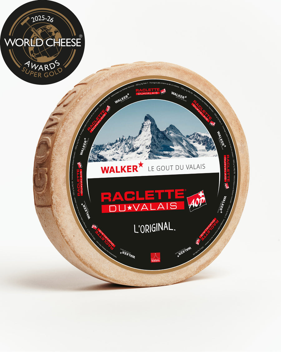 Walker Walliser Raclette AOP – Herstellerabbildung des ganzen Laibs; Verkauf als halbes Rad