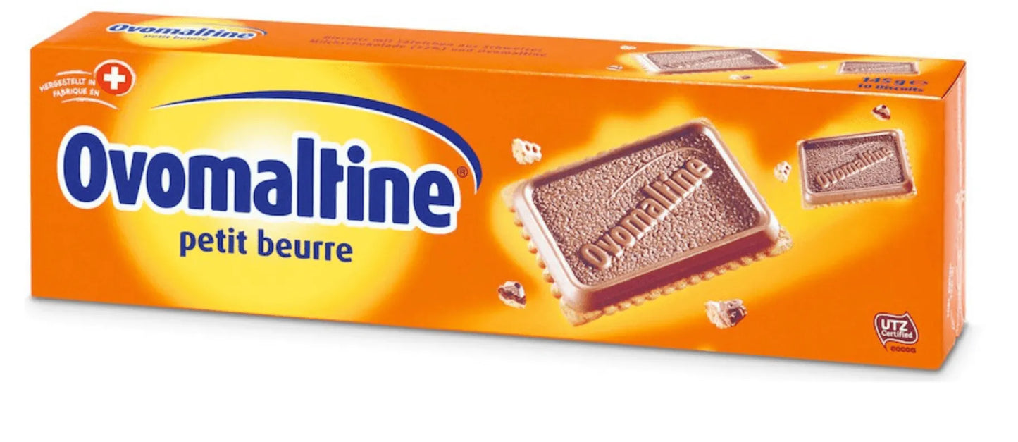 Wander Ovomaltine Petit Beurre Kekse, gebäckartige Kekse mit Ovomaltine-Geschmack, auf weißem Hintergrund.