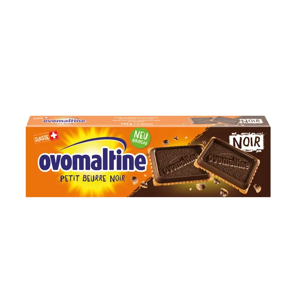 Wander Ovomaltine Petit Beurre Noir Kekse, dunkle Butterkekse mit Ovomaltine-Geschmack, auf weißem Hintergrund.