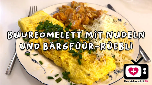 Buureomelett mit Nudle und Bärgfüür-Rüebli - Chuchichäschtli - Feines aus der Schweiz