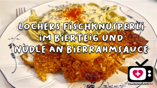 Lochers Fischknusperli im Bierteig und Nüdeli an Bierrahmsauce