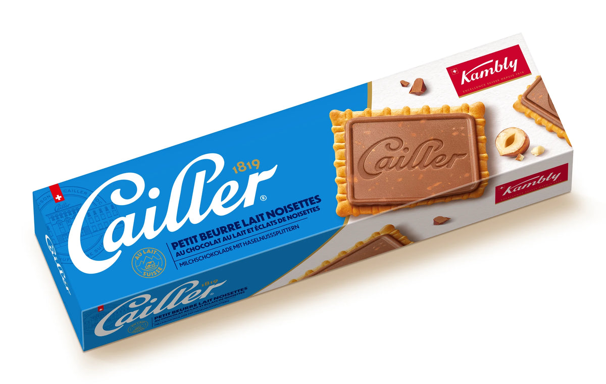 Kambly Cailler Petit Beurre Lait-Noisettes (Milchschokolade Haselnuss-Splitter) – Produktverpackung