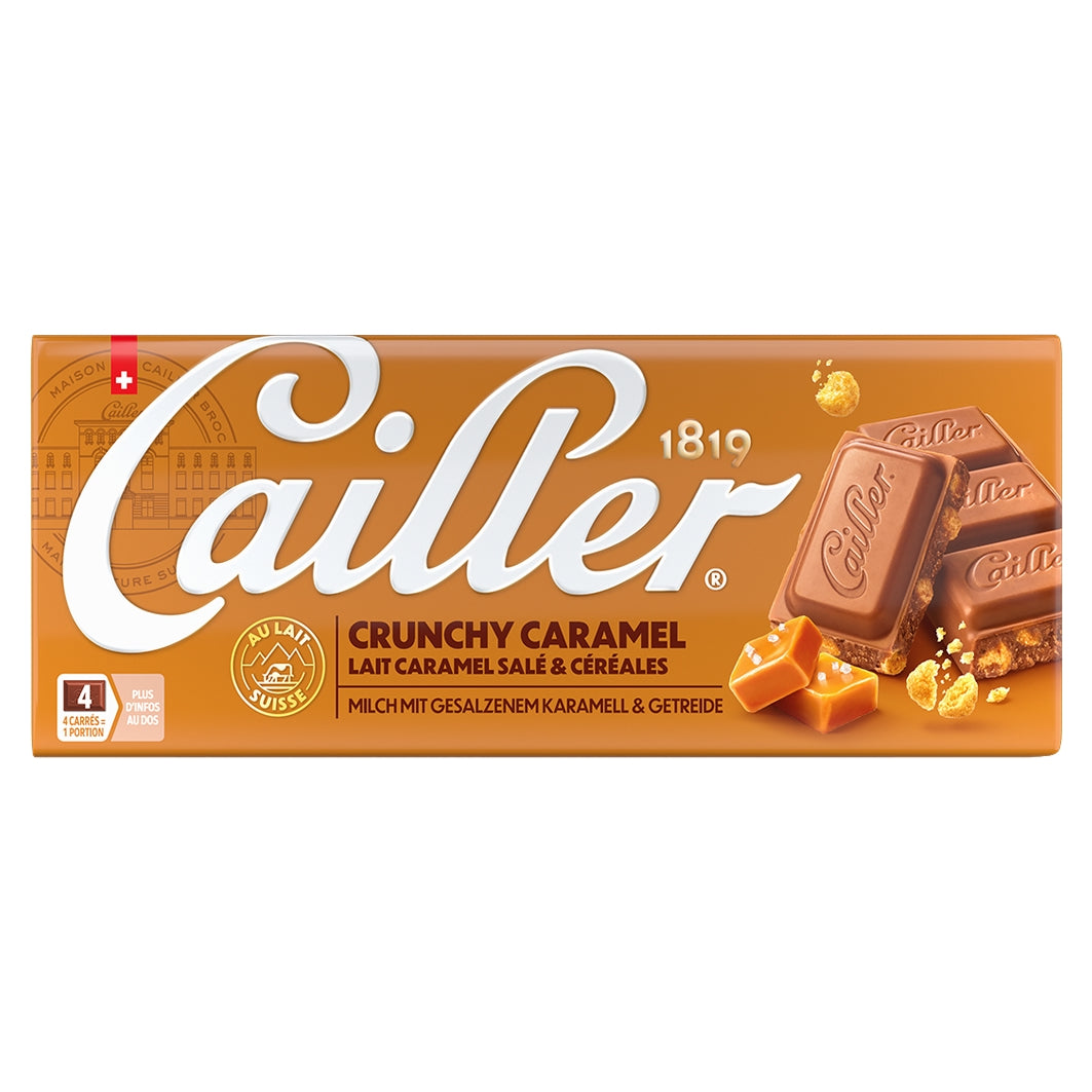 Zartschokolade mit knusprigem Karamellfüllung von Cailler, detailreiche Nahaufnahme der Schokoladentafel