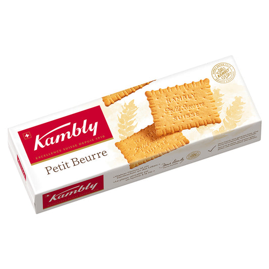 Kambly Petit Beurre Kekse auf einem Teller, frisch und knusprig, mit goldbrauner Farbe und buttrigem Geschmack.