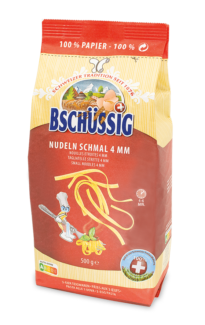 Bschüssig schmale Nudeln aus Papier, 4 mm breit, seitliche Ansicht, Bschüssig Marke, für kreative Bastel- oder Dekorationszwecke
