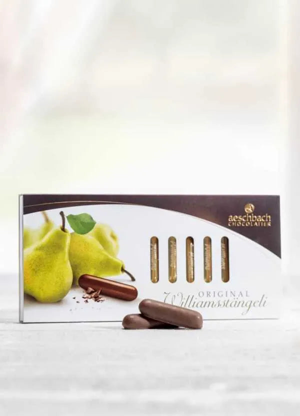 Aeschbach Chocolatier Williamsstängeli mit Etter Williamsbrand - Chuchichäschtli - Feines aus der Schweiz