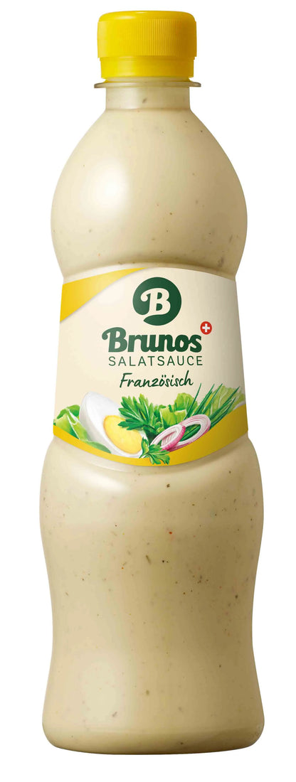 Brunos Salatsauce Original französisches French Dressing in einer Flasche mit cremiger Konsistenz und goldener Farbe