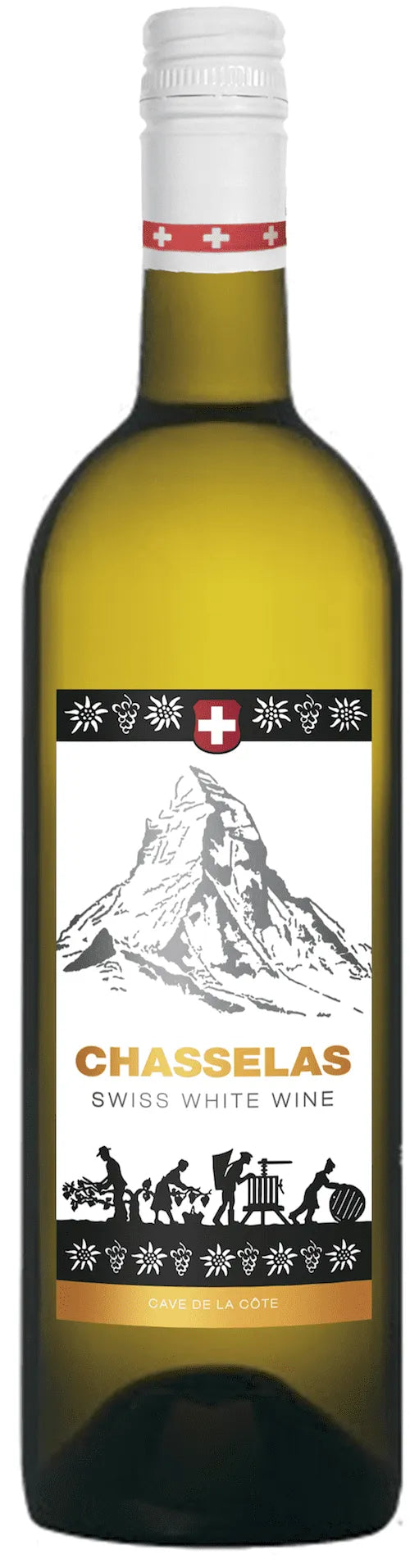 Flasche Swissness Chasselas Romand Wein von Cave de la Côte, hellgelbe Trauben, Weintrauben im Weingarten, elegant und frisch