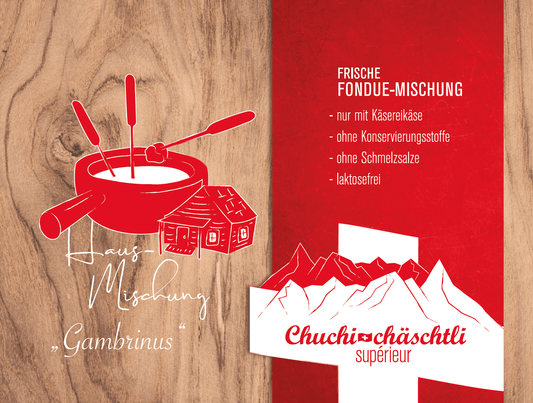 Käse Fondue "Gambrinus" Fertigmischung frisch - Chuchichäschtli - Feines aus der Schweiz
