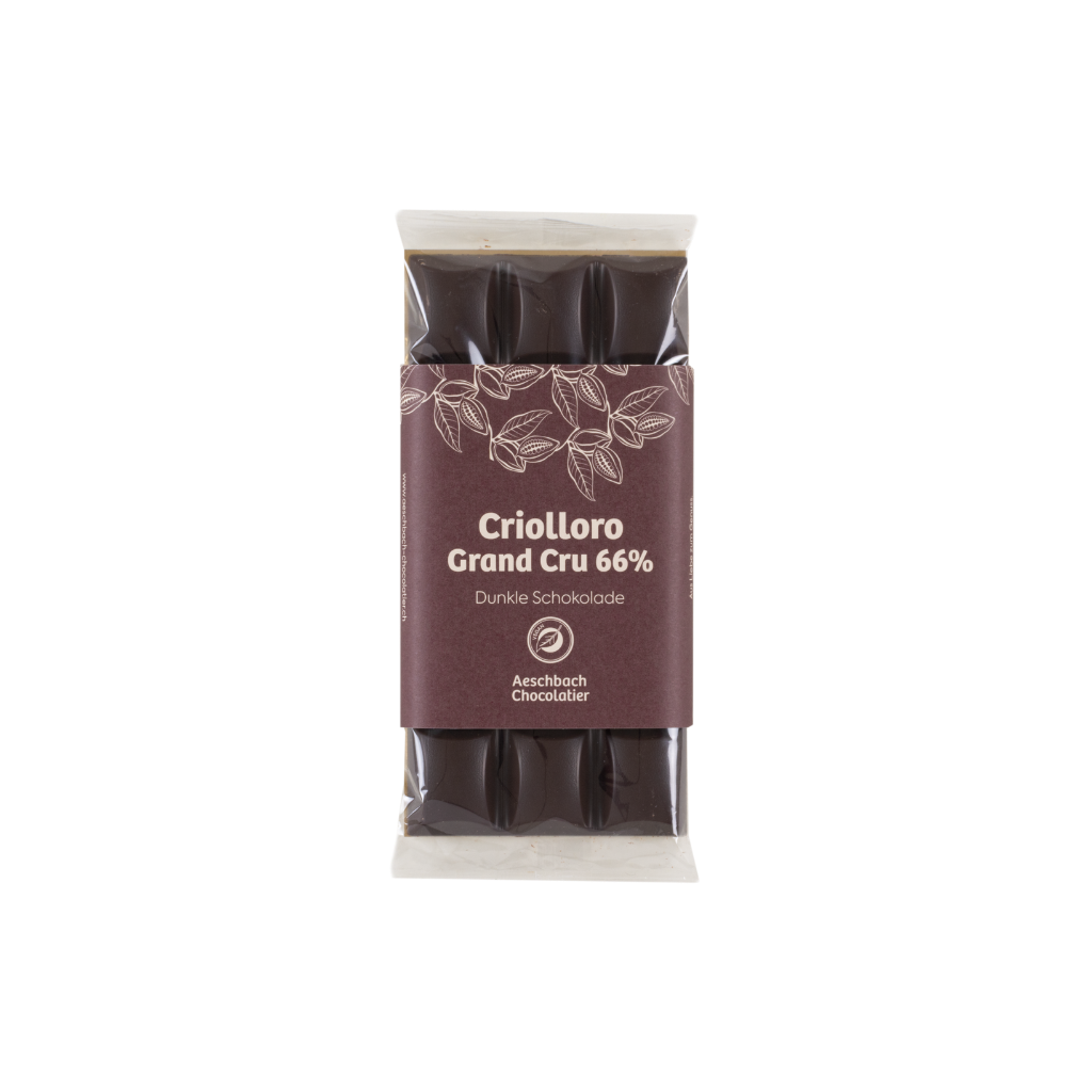 Aeschbach Chocolatier Grand Cru 80% dunkle Schokolade in einer schönen Verpackung, Nahaufnahme der Schokoladentafel.