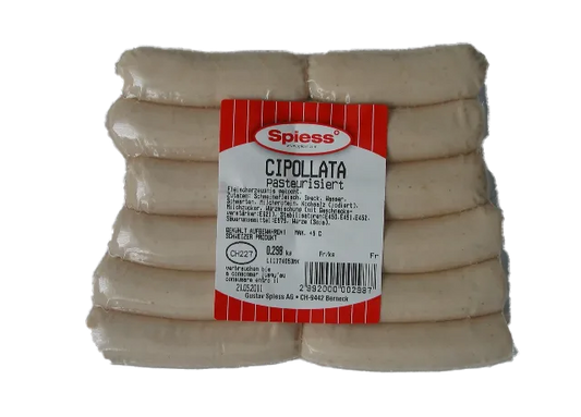 Bündel Cipollata-Zwiebeln von Spiess, frische, goldene Zwiebeln in einer transparenten Verpackung.