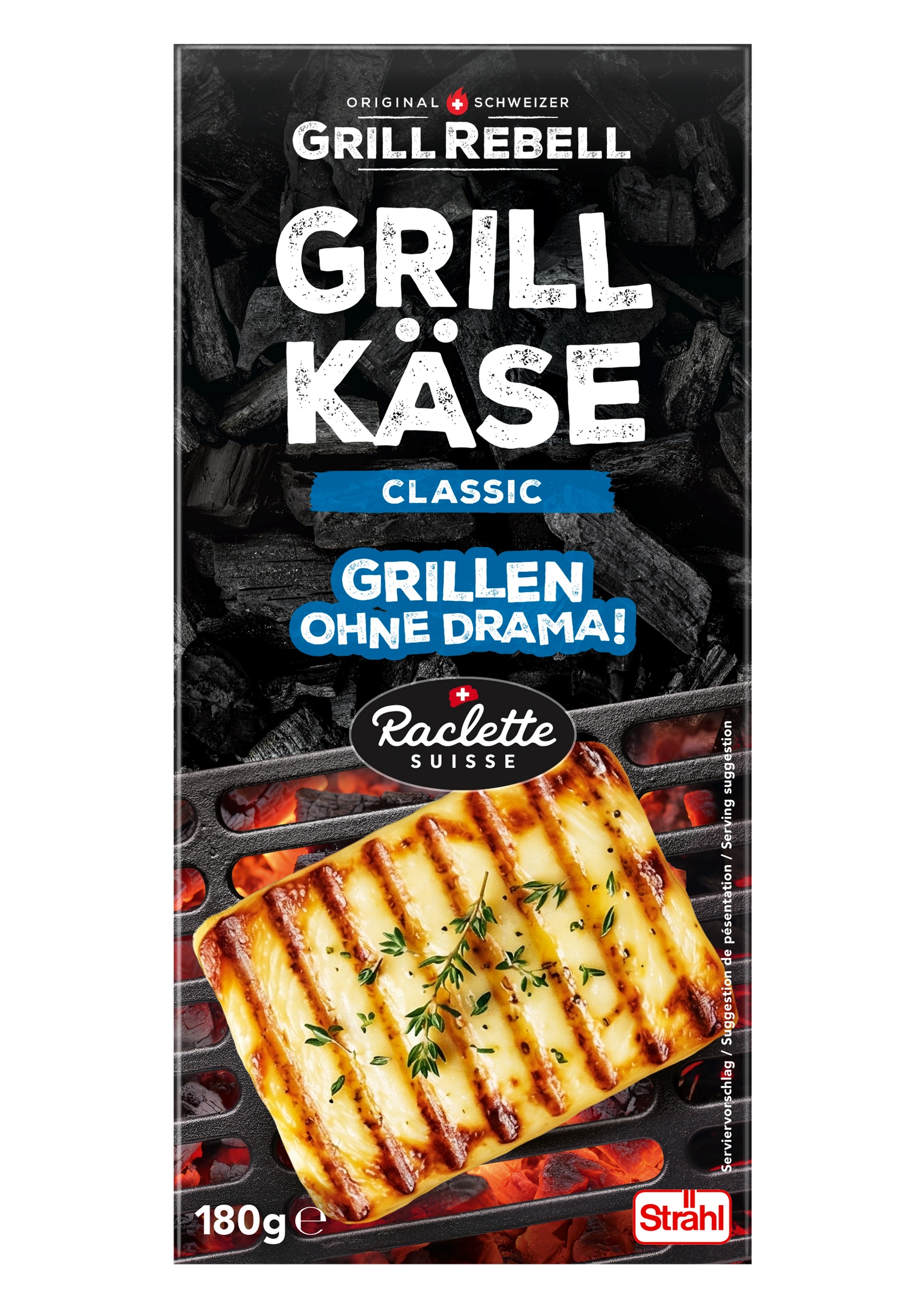 Schweizer Grillkäse Raclette Natur von Strähl, frontal auf Verpackung mit Käse zum Grillen.