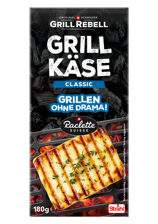 Schweizer Grillkäse Raclette Natur von Strähl, frontal auf Verpackung mit Käse zum Grillen.