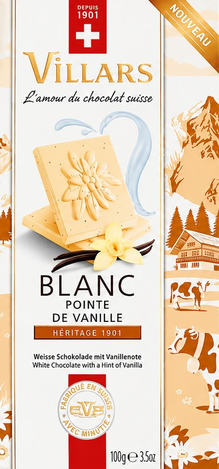 Weiße Schokolade von Chocolat Villars, pur und cremig, in einer offenen Packung auf einem weißen Hintergrund sichtbar.