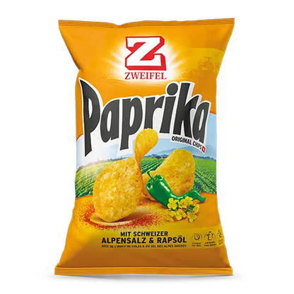 Zweifel Original Chips Paprika in 175g Beutel, knusprige Kartoffelchips mit Paprikageschmack, im geöffneten Beutel sichtbar